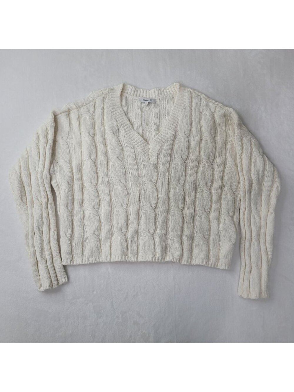 Madewell Women's Cream Cable Knit V-Neck Sweater Size L - Picture 1 of 8